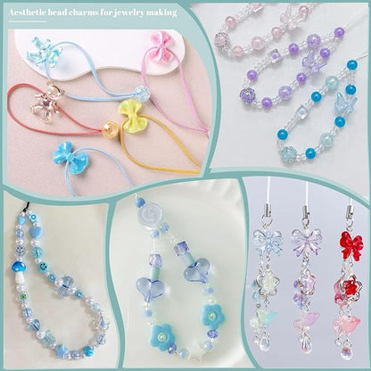 Assorted 400-450PCS Acrylic Beads for Bracelet Making, Flower Bow Candy GummyBear Kawaii Beads,Cute Bead for Jewelry Making DIY Necklace Keychain Phone Charms Christmas Gift(6 Colors)