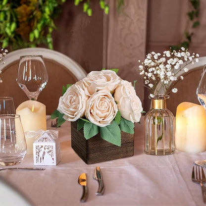 Dining Table Centerpiece Set of 3 - Pre-Made Aritifial Rose with Wooden Vase Fake Floral Arrangment Faux Flower for Wedding Bridal Tea Party Event Decorations - Champagne