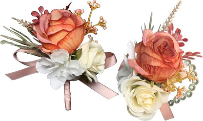 Corsage and Boutonniere Set Corsage Wistlet Terracotta Corsage Wrist Artificial Flower Perfert for Proms | Weddings for Bride,Bridesmaids, Groom,Groomsmen Decor (Terracotta)