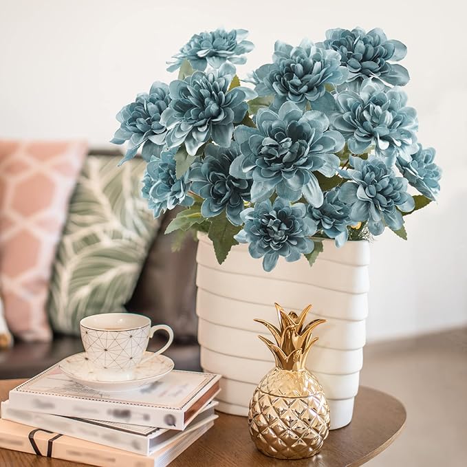 Uieke 6PCS Artificial Daisy Mums Flowers with Stem, Silk Dahlia Flowers Arrangement for Home Party Wedding Bouquet Fall Winter Table Centerpieces Decor (Blue)