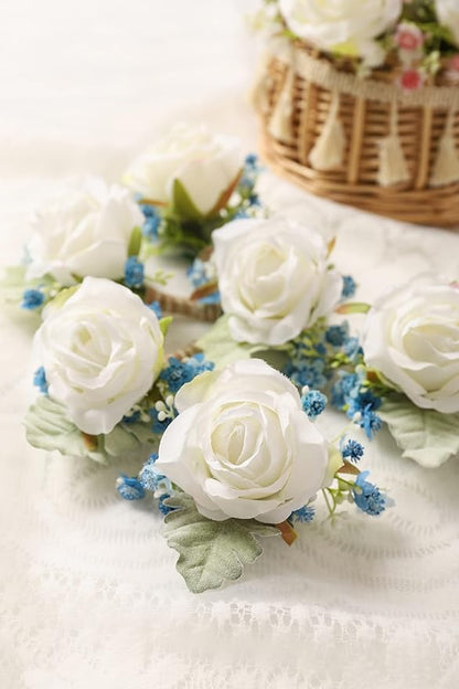 White & Blue Rose Boutonnieres for Men Wedding Baby's Breath Boutonniere for Best Men Groom Groomsmen Wedding Prom Set of 6