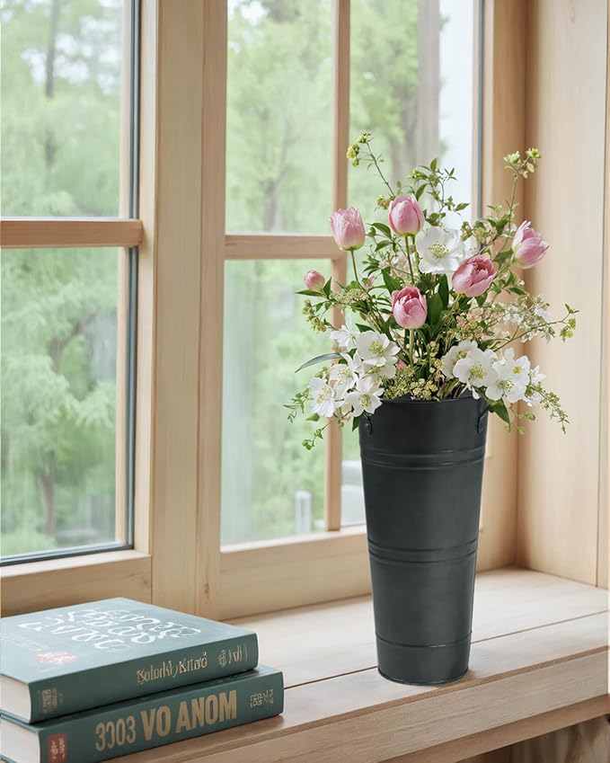 9 Inch Galvanized Metal Vases for Flowers - 6 Pcs Farmhouse Decorative Tall Flower Bucket with Handles, Rustic French Tin Planter Buckets for Wedding Decor (Galvanized Black)