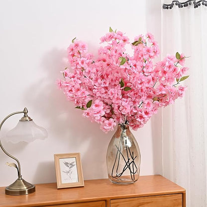 Sunm Boutique Pink Faux Cherry Blossom Branches, Artificial Cherry Blossom Stems Cherry Blossom Flowers Vase Arrangements for Wedding Home Party Kitchen Decor, Set of 3