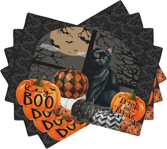 Boo Black Cat Pumpkins Halloween Placemats Gothic Dark Damask Bat Spider Web Dark Forest Funny Pumpkin Placemats Table Kitchen Dining Party 12x18 Inch Set of 6