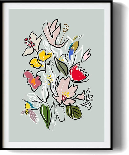 Floral Framed Wall Art for Living Room, Colorful Abstract Paintings, Botanical Poster Art, Green Flower and Bird Canvas Prints, Hummingbird Wall Decor for Bedroom Apartment Dorm Gallery, Modern floral illustration, Gifts for Friends or Family - 16" x 12"