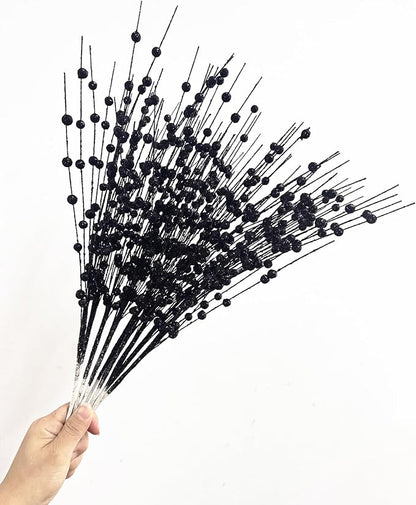 CATTREE Artificial Glitter Berry Stem Decorative, Fake Glitter Sticks Bead Pick Stems for Halloween Christmas Glittery Twigs Xmas Tree Wreath Crafts Vase Filler Home DIY Decor - 17 Inch Black 10 Pack
