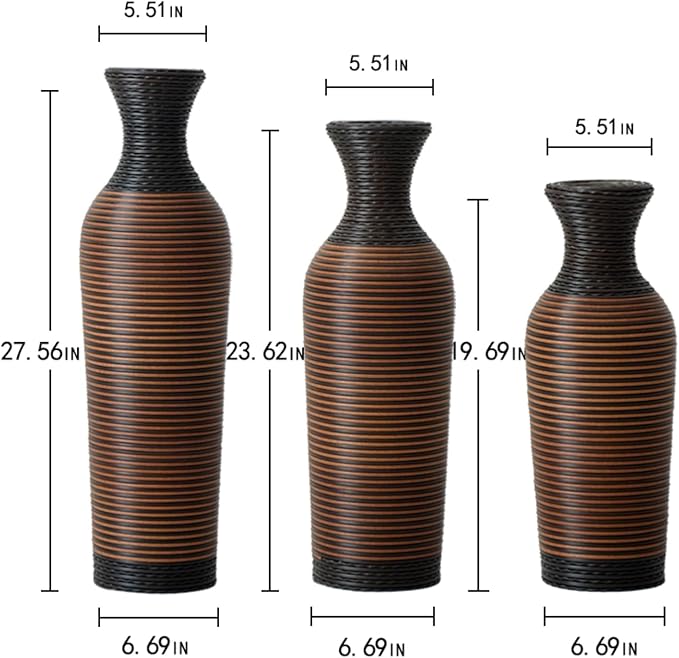 Black and Brown PVC Floor Vase Set of 3, Modern Decorative Flower Stand, Tall Artificial Vine Vase, Classic Home Decoration Vases for Living Room, Entryway, or Office