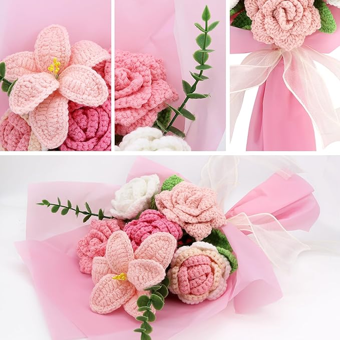 Handmade Crochet Sunflowers Rose Daisy as a Gift for Lover, Family,Friends. Crochet Bouquet, Crocheted Yarn Flowers, Artificial Flower Finished Bouquet (Pink)