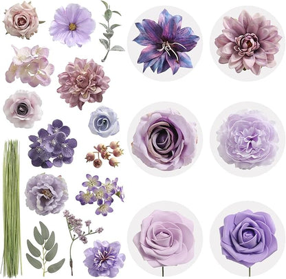 Artificial Flowers Combo Box Purple Flowers Silk Fake Roses with Stems for DIY Wedding Bridal Bouquets,Table Centerpieces,Cake Floral Arrangement,Baby Shower,Birthday Party Home Decorations