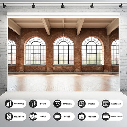 Large Empty Room Backdrop Concrete Walls Wooden Floor with Big Arched Windows Photography Background Empty Loft Style with Brick Wall Photography Decorations Photo Booth Shoot Studio Props 20x10ft