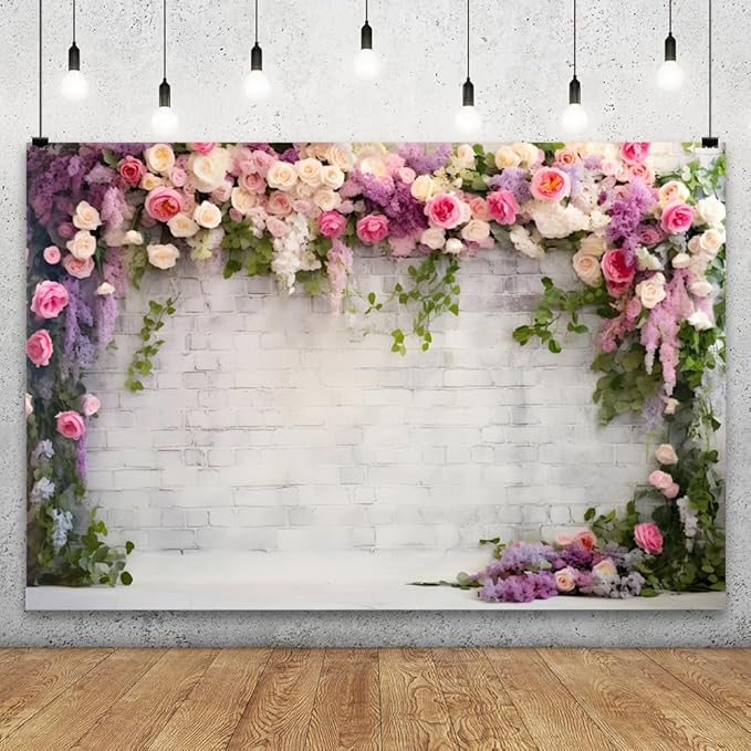 YongFoto Retro White Brick Wall Floral Arch Backdrop 8x6ft Rose Flowers Vine Leaves Photography Background Birthday Bridal Shower Wedding Party Banner Room Decor Portraits Photoshoot Wallpaper