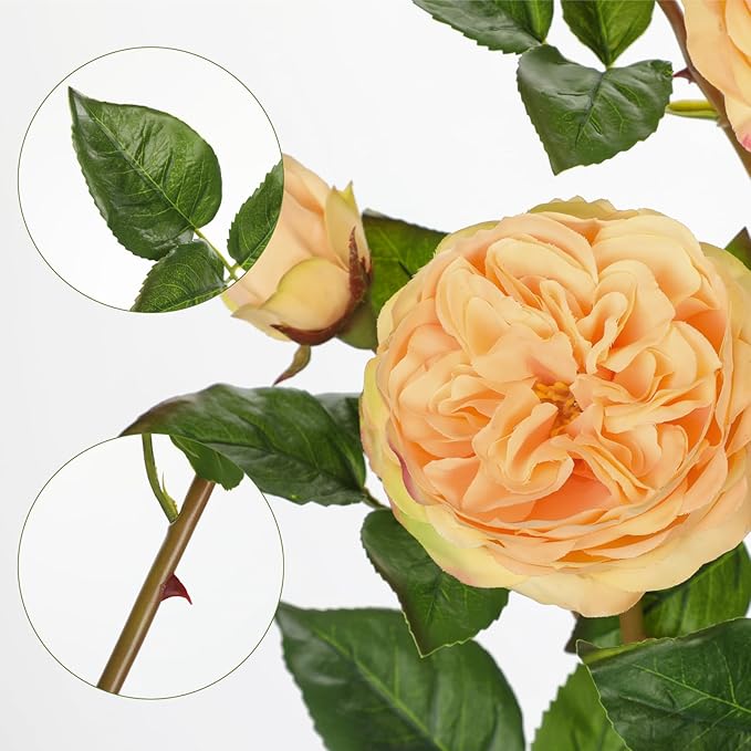 Real Touch Artificial Roses (Set of 3) – 23.6" Long Stem Yellow Garden Roses – Lifelike Faux Silk Flowers for Wedding Bouquets, Home Décor, Centerpieces & Floral Arrangements