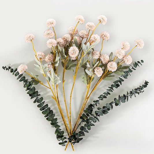 6 Artificial Silk Flowers + 3 Eucalyptus, Artificial Chrysanthemums with Stems for Home Decor,Bumnt Beige