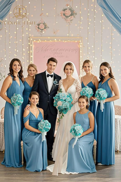TINGE TIME Bridesmaid Bouquets for Wedding Set of 6 Teal Blue 7 Inch Wedding Bouquets Artificial Silk Flowers Bridal Bouquets for Bridesmaids, Wedding Decor, Anniversary