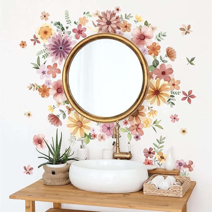 Retro Boho Wildflower Wall Stickers, Vintage Garden Floral Wall Decals 7 Sheets DIY Peel and Stick Wall Decal Self Adhesive Home Decor for Bedroom Offices Sofa TV Backdrop Wall