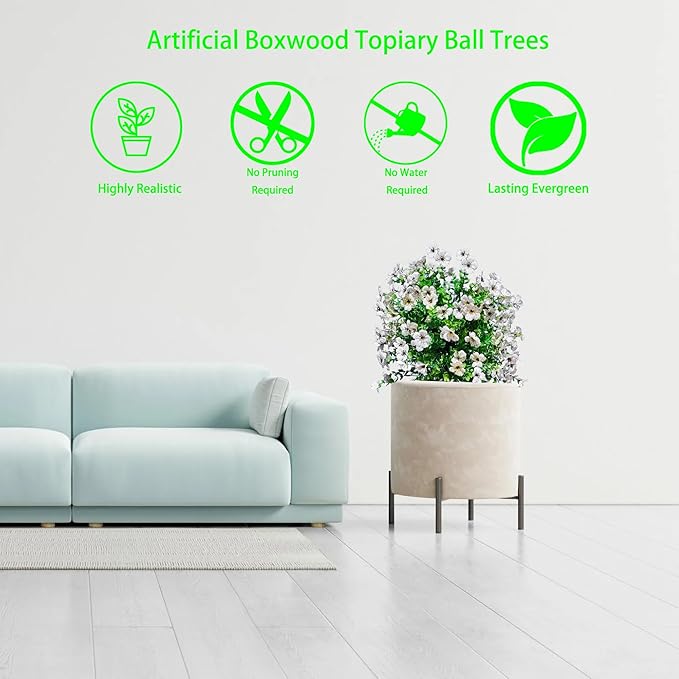 2 Pcs Artificial Boxwood Topiary Ball Trees 23" With Ground Spike, Weather Proof UV Resistant Faux Greenery Shrubs & Bushes for Porch, Garden, Front Yard Decor, Indoor/Outdoor Planters - White