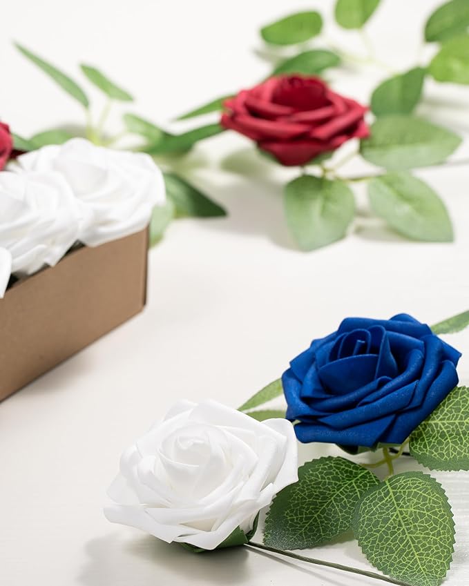 DuHouse 25Pcs Artificial Roses Flowers Fake Rose with Stems Real Touch Foam Flowers for DIY Wedding Bouquet Baby Shower Centerpiece Floral Arrangement Party Home Decor(Blue White Red)