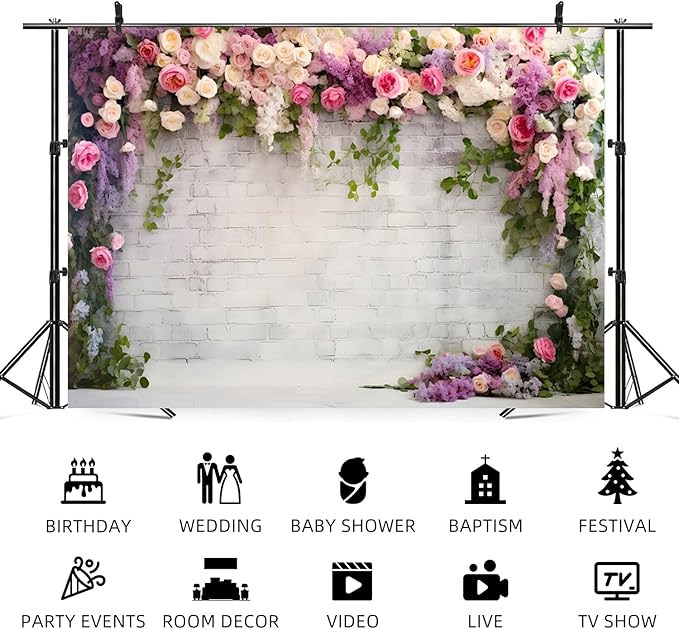 7x5ft Retro White Brick Wall Floral Backdrop Vine Leaves Rose Flowers Photography Background Bridal Shower Wedding Party Birthday Banner Decorations Adults Portrait Photo Booth Prop