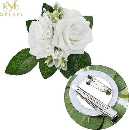 Meldel Boutonniere for Men Wedding Floral Shoulder Corsages, Set of 2,Groomsmen White Artificial Boutonnieres for Men Wedding Prom Best Man Corsage, Bride Bridal Bridesmaid Girl Prom Shoulder Flowers