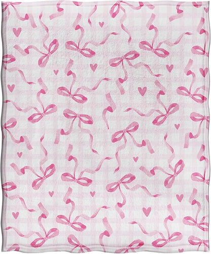 Jekeno Checkered Bow Throw Blanket Gifts for Women Girls Her, Bow Themed Birthday Party Decorations, Pink Soft Microfiber Blankets Bows Room Decor for Home Bed Couch