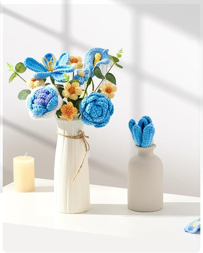 Crochet Flowers Bouquet Gift for Wife Girlfriend Fiancee Mother Women, Handmade Artificial Knit Blue Rose Tulip Flower for Wedding Anniversary Birthday Valentine's Day Present, Home Decor