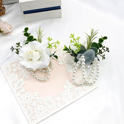Meldel White Corsage and Boutonniere Set, Ivory Boutonniere, Prom Flower Wrist Corsage Bracelets, Homecoming Corsage Wristlet, Men Boutonniere for Wedding Flowers Accessories Prom Suit Decorations