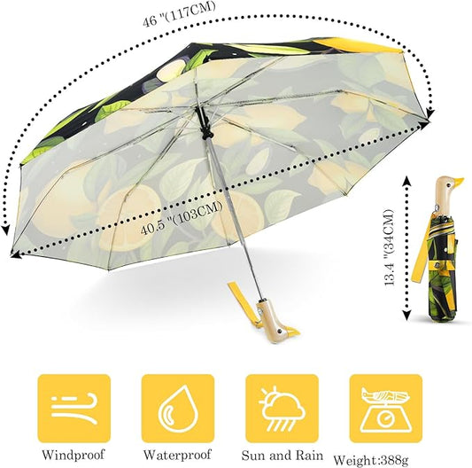 Cute Duck Umbrella Automatic - Compact Pretty Pocket Size Strong Duck Collapsible Umbrella Yellow Wooden Handle for Women