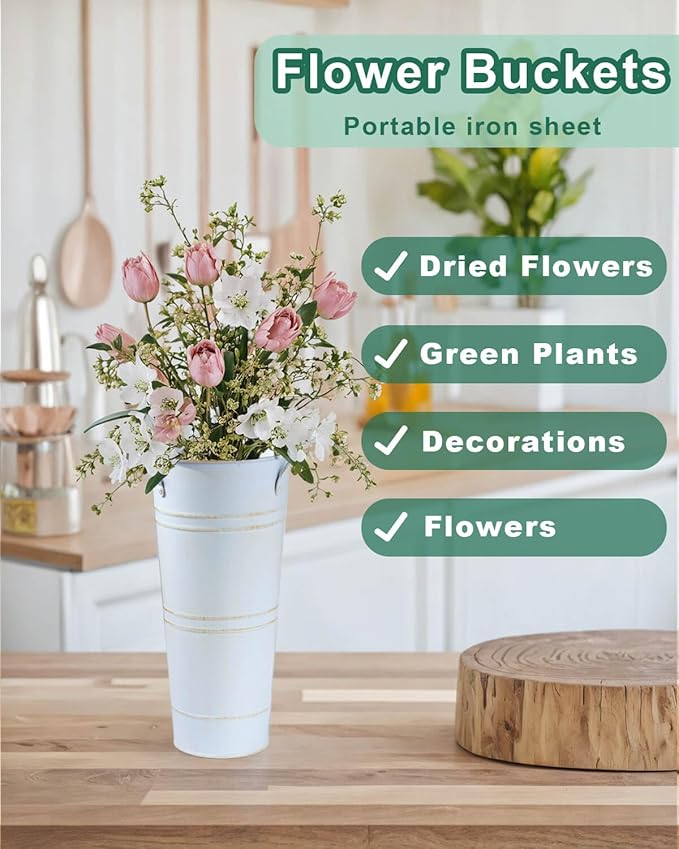 9 Inch Galvanized Metal Vases for Flowers - 6 Pcs Farmhouse Decorative Tall Flower Bucket with Handles, Rustic French Tin Planter Buckets for Wedding Decor (Vintage White)
