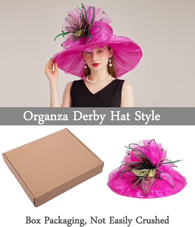 Organza Derby Hats for Women Wide Brim Fascinator Hat Rose Flower Wedding Tea Party Hat