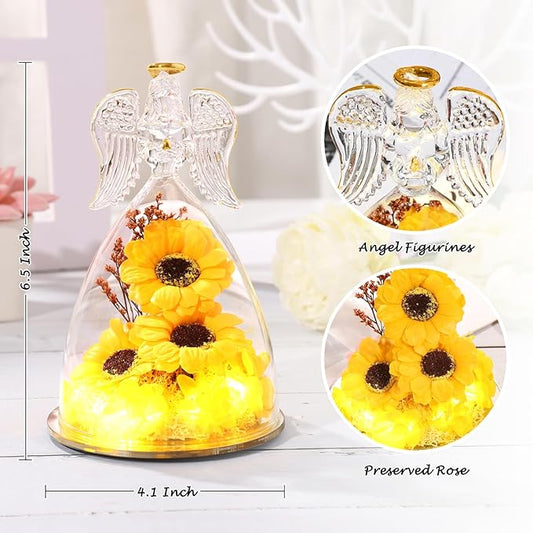 Angel Sunflower Mothers Day Blessing Gifts, Angel Figurines with LED Light Real Sunflower Gifts for Her Mom Grandma Wife,Glass Angel Figurines for Valentine Anniversary Birthday Gift