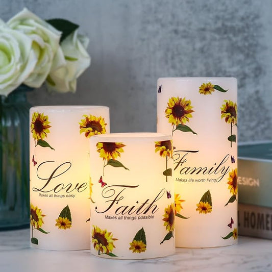 DRomance Sunflower Flameless Flickering Candles with 6H Timer, Set of 3 Battery Operated White Real Wax LED Pillar Candles Party Dinner Holiday Decor(3 x 4,5,6 Inches)