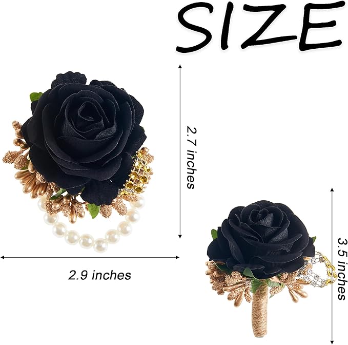 SITUMEIZI 2Pcs Black Corsage and Boutonniere Set Corsage Wristlet for Prom Decor Boutonniere for Men Wedding Flowers Accessories Party Suit Decoration