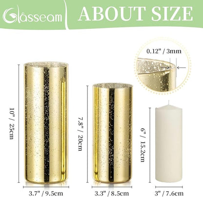 Glasseam Gold Cylinder Vases for Centerpieces: 24 Modern Mercury Hurricane Glass Vase Set for Flowers - Decorative Golden Pillar Candle Holders for Wedding Party Dining Room Table Decor