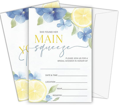 Main Squeeze Bridal Shower Invitations, Set of 25 Lemon Citrus Summer Bridal Shower Invites with Envelopes for Engagement Wedding Party-A10
