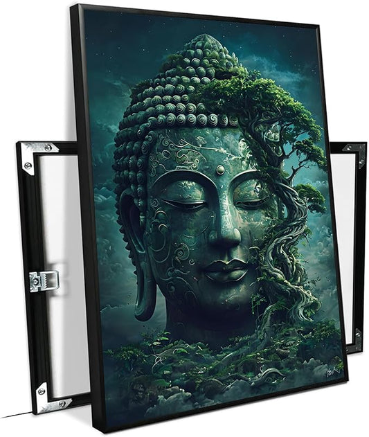 Buddha statue wall art canvas wall decor aesthetic picture mystical nature art for tranquil home and spiritual space 12x18in Metal blackFramed