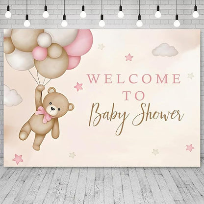 9x6ft Bear Baby Shower Backdrop Brown Pink Hot Air Balloon Photography Background Sky Cloud Star Welcome to Baby Shower Decorations Pregnancy Announcement Portrait Photo Booth Prop