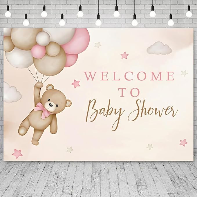10x8ft Bear Baby Shower Backdrop Brown Pink Hot Air Balloon Photography Background Sky Cloud Star Welcome to Baby Shower Decorations Pregnancy Announcement Portrait Photo Booth Prop