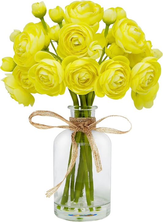 Ranunculus Artificial Flowers with Vase, 8 Pcs Faux Silk Ranunculus Flower in Vase, Small Flower Arrangements for Home Decor Indoor, Table Centerpiece. (Bright Yellow)