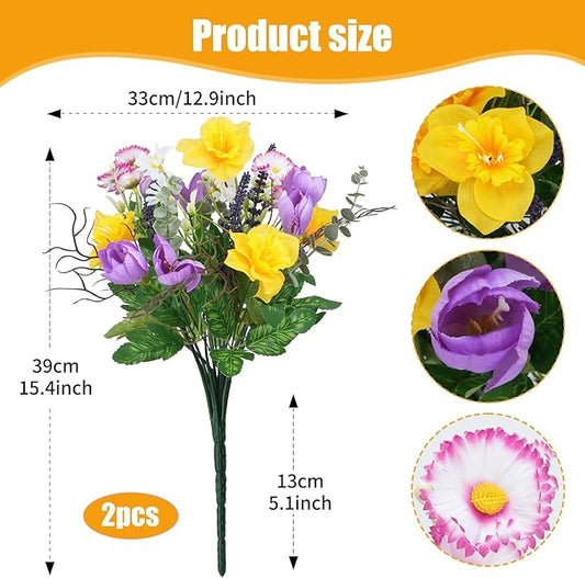 Fake Flowers Outdoor 15.7" Summer Artificial Wildflowers Bouquet Mixed Bush Faux Silk Flowers for Home Planter Porch Garden Cemetery Table Centerpieces Indoor Décor (Daffodils Tulips Daisies)
