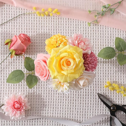 Artificial Flowers Combo, Mix Silk Flowers Roses, Peonies, Dahlias with Stems for DIY Wedding Bridal Bouquet, Baby Shower, Table Centerpieces, Home Decor, Floral Arrangements-Pink Yellow