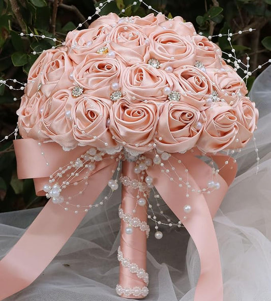 Bridal Wedding Bouquet Round Bling Brooch Bouquet Throw Toss Artificial Rose Flower Bunch for Bride Bridesmaid Wedding Quinceanera(Peach Pink, 6.3")