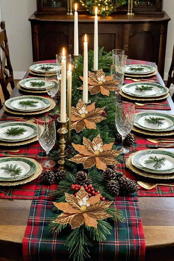 Hollyone 3PCS Poinsettia Christmas Flowers Artificial 11" Large Bronze Glitter Poinsettia Flowers Christmas Tree Ornaments Floral Picks for Tree Wreath Garland Vase Table Centerpiece Home Decor