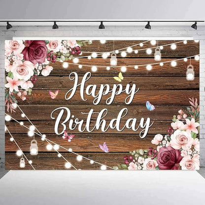 YinQin 180x120 cm Rustic Wood Flower Birthday Backdrops Photo Cloth 71x47 inch Happy Bday Photography Backgrounds Wooden Floral Butterfly Happy Birthday Sign Banner Decoration for Women Girl