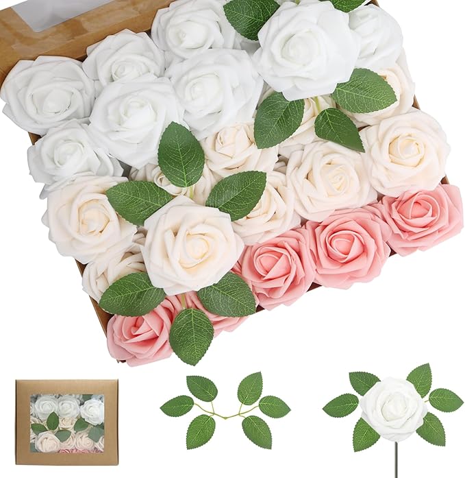 50PCS Artificial Flowers Champagne/Pink/White Roses Real Looking Foam Fake Roses with Leaves and for DIY Wedding Bouquets Bridal Shower Centerpieces Party Decorations (Champagne Series, 50)