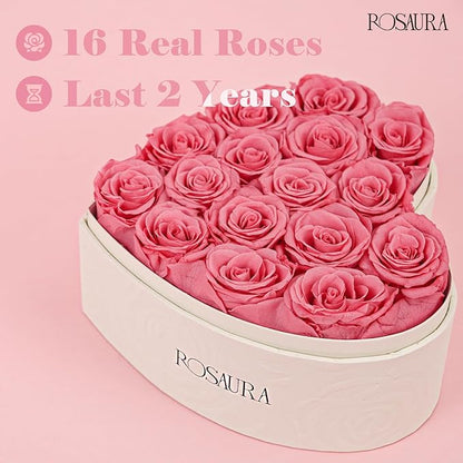 Rosaura Heart-Shaped Preserved Roses Gift Box - Real Forever Flowers for Birthday, Valentine's & Mother's Day (pink, 16 roses)