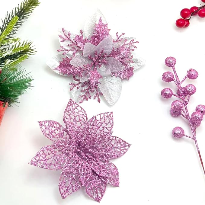 24Pcs Christmas Poinsettia Artificial Flowers and Glitter Berries Kit, 2 Styles Total 16Pcs Christmas Tree Flowers Ornaments, 8Pcs Christmas Tree Picks for Wedding Holiday Decorations, Pink