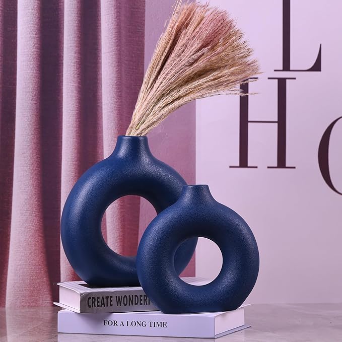 Navy Blue Vase Decor Donut Vase Set of 2 - Circle Hollow Vases, Modern Matte Ceramic Vases for Entryway Living Room Bedroom Dining Table Centerpiece Office Home Decor