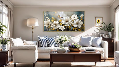 Wall Art Modern Flower Artwork Paintings White Blossom Gold Leaf Butterfly Landscape Picture wall Decor for Living Room Bedroom Kitchen 24"x48" with Framed