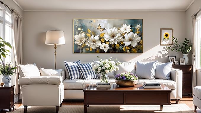 Wall Art Modern Flower Artwork Paintings White Blossom Gold Leaf Butterfly Landscape Picture wall Decor for Living Room Bedroom Kitchen 30"x60" with Framed