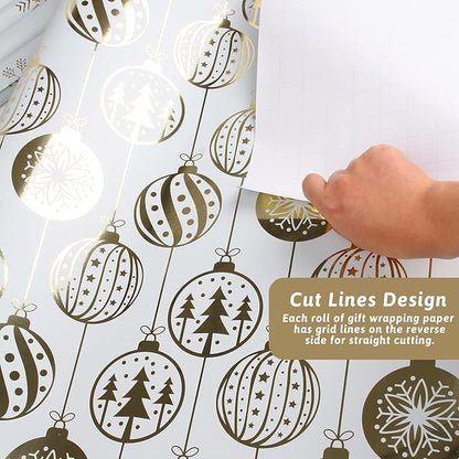 KIMOBER 4 Rolls Christmas Wrapping Paper,White Paper with Golden Metallic foil Shine Xmas Elements and Cut Lines on Reverse(30in × 144in Per Roll)